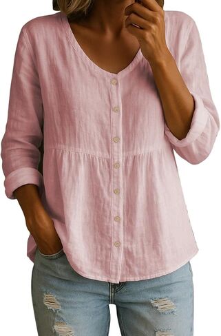Linen Blouse for Women Long Sleeve Button Down V Neck Loose Shirts for Casual Vacation Travel Office Daily Wear in Saudi Arabia