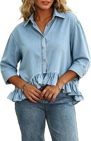 ebossy Women's Fashion 3/4 Sleeve Denim Shirt Button Down Tiered Ruffles Loose Lightweight Cotton Jacket Shacket in Saudi Arabia