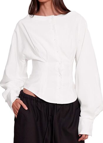 Women's Long Sleeve Button Down Shirt, Collarless Pleated Cinched Waist Blouse, Casual & Office Wear Tops in Saudi Arabia