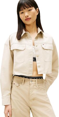 Tommy Jeans Women's Long Sleeve Cotton Cropped Utility Shirt with Embroidered Flag Logo in Saudi Arabia