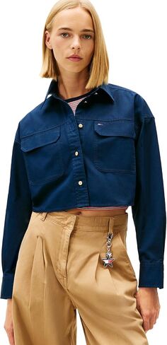 Tommy Jeans Women's Long Sleeve Cotton Cropped Utility Shirt with Embroidered Flag Logo in Saudi Arabia