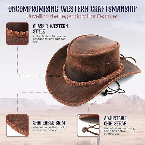 Equine Care Genuine Cowhide Cowboy Hat for Men & Women — Heritage Brown Leather Western Hat, Rustic Brown, Size XL (60-61 cm / 23¾-24⅛ in / 7½-7⅝) in Kuwait