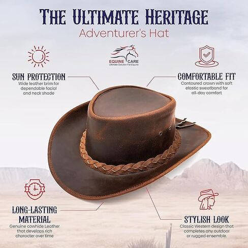 Equine Care Genuine Cowhide Cowboy Hat for Men & Women — Heritage Brown Leather Western Hat, Rustic Brown, Size XL (60-61 cm / 23¾-24⅛ in / 7½-7⅝) in Kuwait