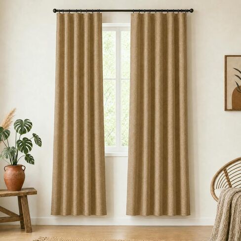 DECOLURE Linen Blackout Curtains - SunShield 90 Inches Long Black Out Curtains for Living Room and Bedroom Windows - Luxury Faux Linen, 2 Panels Set, Ultra Durable - 90 Length x 52 in (Beige) in Saudi Arabia