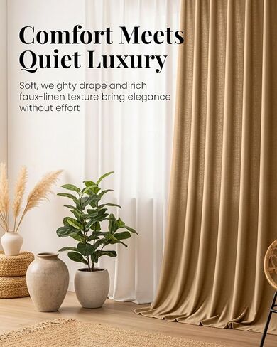 DECOLURE Linen Blackout Curtains - SunShield 90 Inches Long Black Out Curtains for Living Room and Bedroom Windows - Luxury Faux Linen, 2 Panels Set, Ultra Durable - 90 Length x 52 in (Beige) in Saudi Arabia