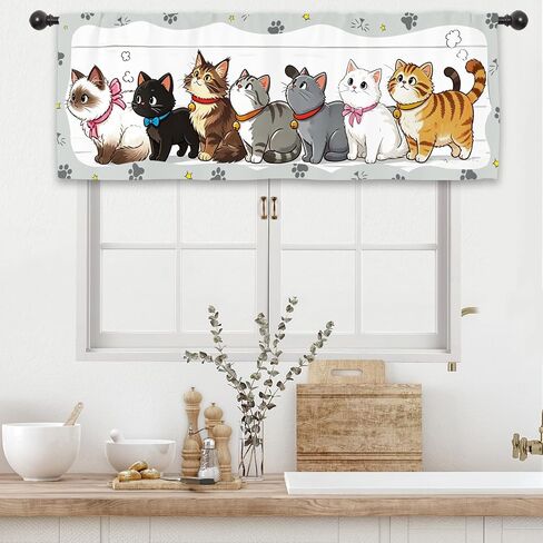 Cute Cat Kitchen Curtain Valance 54W x 18L Inch Pet Lovely Farmhouse Kitten Rod Pocket Short Cafe Small Window Treatment Drapes Decor in Kuwait