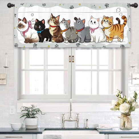 Cute Cat Kitchen Curtain Valance 54W x 18L Inch Pet Lovely Farmhouse Kitten Rod Pocket Short Cafe Small Window Treatment Drapes Decor in Kuwait
