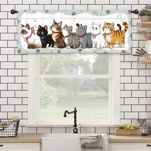 Cute Cat Kitchen Curtain Valance 54W x 18L Inch Pet Lovely Farmhouse Kitten Rod Pocket Short Cafe Small Window Treatment Drapes Decor in Kuwait