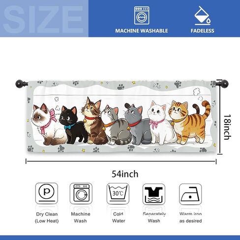 Cute Cat Kitchen Curtain Valance 54W x 18L Inch Pet Lovely Farmhouse Kitten Rod Pocket Short Cafe Small Window Treatment Drapes Decor in Kuwait