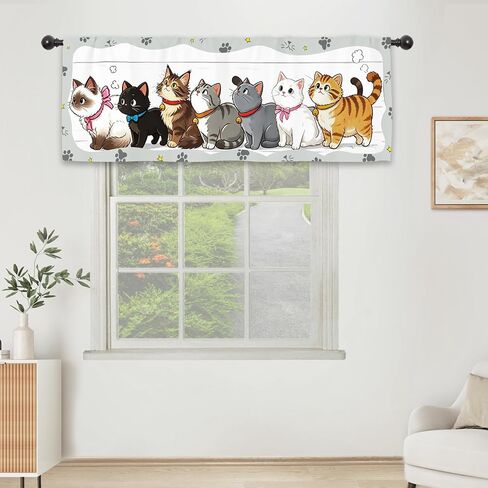 Cute Cat Kitchen Curtain Valance 54W x 18L Inch Pet Lovely Farmhouse Kitten Rod Pocket Short Cafe Small Window Treatment Drapes Decor in Kuwait