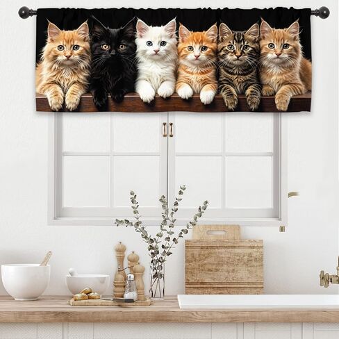 Cute Cat Kitchen Curtain Valance 54W x 18L Inch Pet Lovely Farmhouse Kitten Rod Pocket Short Cafe Small Window Treatment Drapes Decor in Kuwait