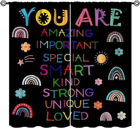 Cute Rainbow Curtain, Black Quotes Boho Rainbow Window Curtains for Kids Bedroom Nursery Classroom 42" W X 45" L(No Blackout) in Kuwait