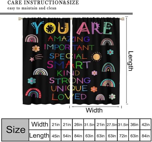 Cute Rainbow Curtain, Black Quotes Boho Rainbow Window Curtains for Kids Bedroom Nursery Classroom 42" W X 45" L(No Blackout) in Kuwait