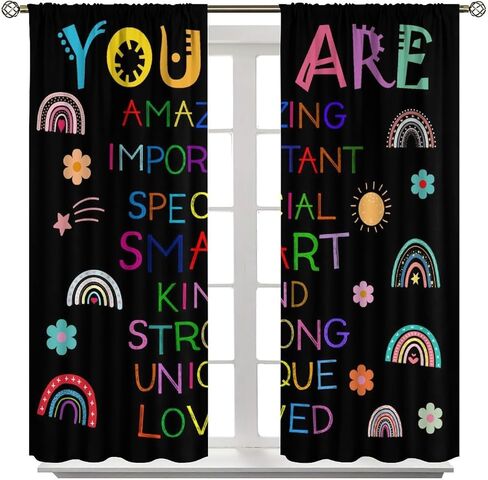 Cute Rainbow Curtain, Black Quotes Boho Rainbow Window Curtains for Kids Bedroom Nursery Classroom 42" W X 45" L(No Blackout) in Kuwait