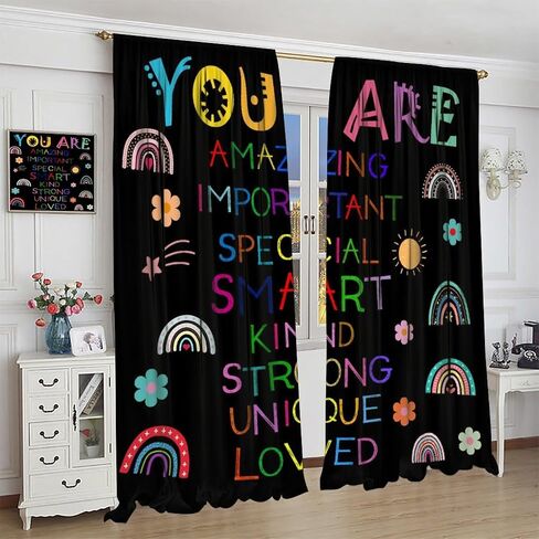Cute Rainbow Curtain, Black Quotes Boho Rainbow Window Curtains for Kids Bedroom Nursery Classroom 42" W X 45" L(No Blackout) in Kuwait