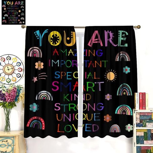 Cute Rainbow Curtain, Black Quotes Boho Rainbow Window Curtains for Kids Bedroom Nursery Classroom 42" W X 45" L(No Blackout) in Kuwait