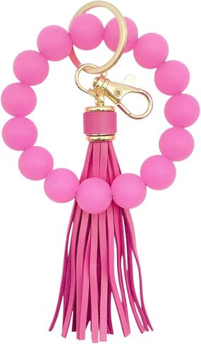 Glow in the Dark Bracelet Keychain for Women Beaded Bangle with Tassel Silicone Wristlet Wrist Key Chains Keyring in Kuwait