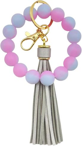 Glow in the Dark Bracelet Keychain for Women Beaded Bangle with Tassel Silicone Wristlet Wrist Key Chains Keyring in Saudi Arabia