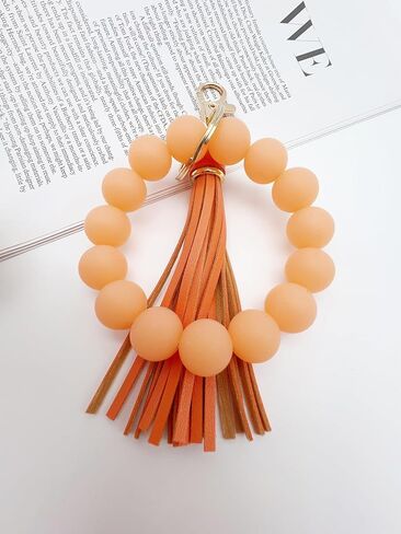 Glow in the Dark Bracelet Keychain for Women Beaded Bangle with Tassel Silicone Wristlet Wrist Key Chains Keyring in Saudi Arabia