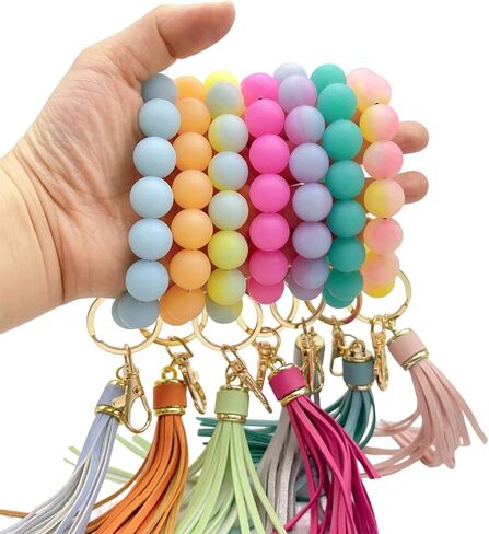 Glow in the Dark Bracelet Keychain for Women Beaded Bangle with Tassel Silicone Wristlet Wrist Key Chains Keyring in Saudi Arabia