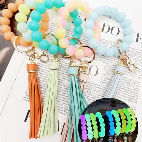 Glow in the Dark Bracelet Keychain for Women Beaded Bangle with Tassel Silicone Wristlet Wrist Key Chains Keyring in Saudi Arabia