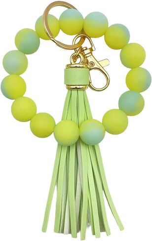 Glow in the Dark Bracelet Keychain for Women Beaded Bangle with Tassel Silicone Wristlet Wrist Key Chains Keyring in Saudi Arabia