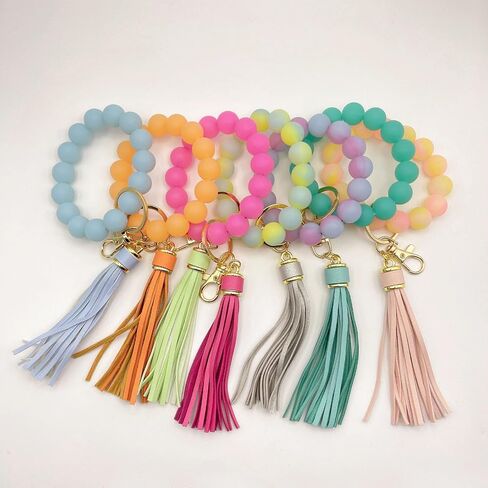 Glow in the Dark Bracelet Keychain for Women Beaded Bangle with Tassel Silicone Wristlet Wrist Key Chains Keyring in Saudi Arabia
