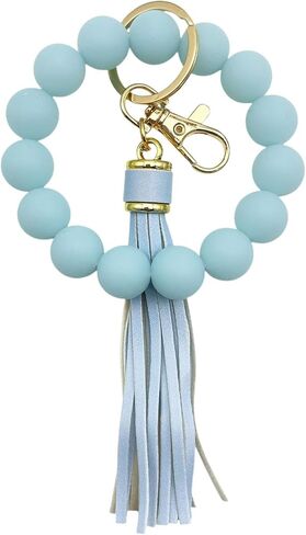 Glow in the Dark Bracelet Keychain for Women Beaded Bangle with Tassel Silicone Wristlet Wrist Key Chains Keyring in Saudi Arabia