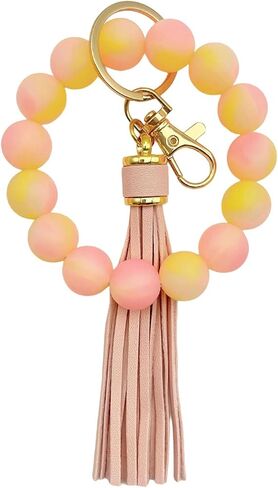 Glow in the Dark Bracelet Keychain for Women Beaded Bangle with Tassel Silicone Wristlet Wrist Key Chains Keyring in Saudi Arabia