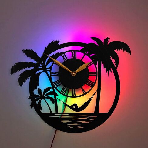 Beach Hammock Clock with LED Backlight - Tropical Coastal Wall Decor - Nautical Wall Clock with Color Changing Lights - Unique Beach Lovers, Black (with Backlight) in Saudi Arabia