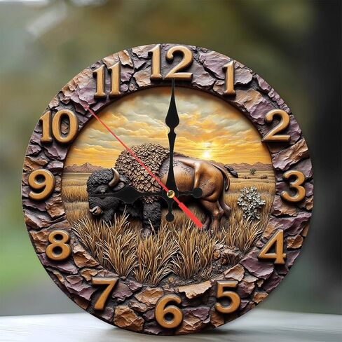 Bison Wall Clock Stone Design Sunset Prairie 10-Inch Wooden Wall Clock, Silent Movement, Battery Operated (AA Batteries Not Included), Artistic Home Decor, Perfect for Home Accents in Saudi Arabia