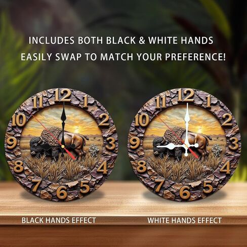 Bison Wall Clock Stone Design Sunset Prairie 10-Inch Wooden Wall Clock, Silent Movement, Battery Operated (AA Batteries Not Included), Artistic Home Decor, Perfect for Home Accents in Saudi Arabia