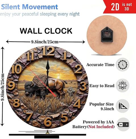 Bison Wall Clock Stone Design Sunset Prairie 10-Inch Wooden Wall Clock, Silent Movement, Battery Operated (AA Batteries Not Included), Artistic Home Decor, Perfect for Home Accents in Saudi Arabia