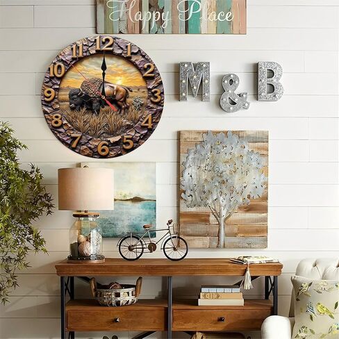 Bison Wall Clock Stone Design Sunset Prairie 10-Inch Wooden Wall Clock, Silent Movement, Battery Operated (AA Batteries Not Included), Artistic Home Decor, Perfect for Home Accents in Saudi Arabia