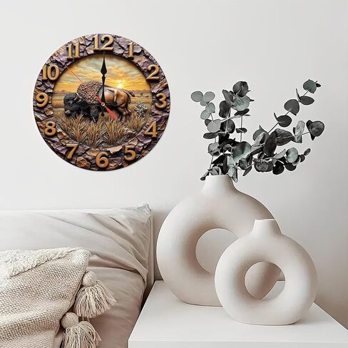 Bison Wall Clock Stone Design Sunset Prairie 10-Inch Wooden Wall Clock, Silent Movement, Battery Operated (AA Batteries Not Included), Artistic Home Decor, Perfect for Home Accents in Saudi Arabia