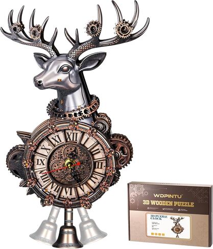 3D Wooden Clock Puzzle – Steampunk Deer Head Design – DIY Model Kit for Adults & Teens (15+) – Unique Wall Decor with Roman Numerals – Gift-Ready Packaging in Kuwait