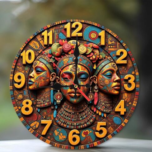 African Queen Wall Clock Tribal Mask Decor 10-Inch Wooden Wall Clock, Silent Movement, Battery Operated (AA Batteries Not Included), Artistic Home Decor, Perfect for Home Accents in Saudi Arabia