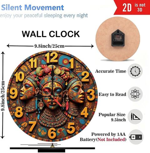 African Queen Wall Clock Tribal Mask Decor 10-Inch Wooden Wall Clock, Silent Movement, Battery Operated (AA Batteries Not Included), Artistic Home Decor, Perfect for Home Accents in Saudi Arabia