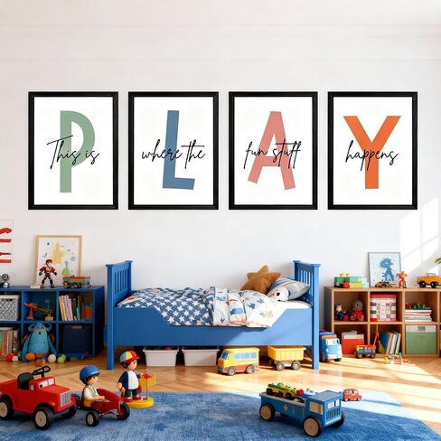 Cute Alphabet Play Framed Wall Art Set of 4, Natural Educational Alphabet Wooden Sign for Baby Girl Kid Boy Toddlers, Black Boho Preschool English Letters Nursery Decor for Homeschool Playroom in Saudi Arabia