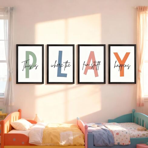 Cute Alphabet Play Framed Wall Art Set of 4, Natural Educational Alphabet Wooden Sign for Baby Girl Kid Boy Toddlers, Black Boho Preschool English Letters Nursery Decor for Homeschool Playroom in Saudi Arabia