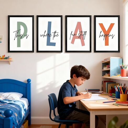 Cute Alphabet Play Framed Wall Art Set of 4, Natural Educational Alphabet Wooden Sign for Baby Girl Kid Boy Toddlers, Black Boho Preschool English Letters Nursery Decor for Homeschool Playroom in Saudi Arabia