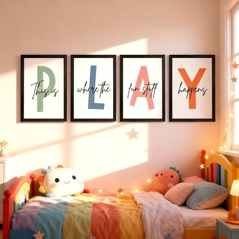 Cute Alphabet Play Framed Wall Art Set of 4, Natural Educational Alphabet Wooden Sign for Baby Girl Kid Boy Toddlers, Black Boho Preschool English Letters Nursery Decor for Homeschool Playroom in Saudi Arabia