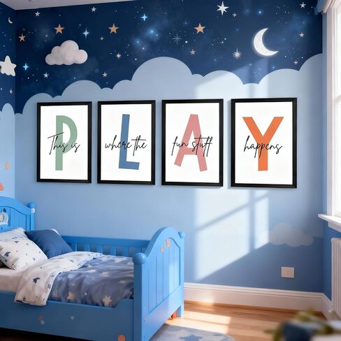 Cute Alphabet Play Framed Wall Art Set of 4, Natural Educational Alphabet Wooden Sign for Baby Girl Kid Boy Toddlers, Black Boho Preschool English Letters Nursery Decor for Homeschool Playroom in Saudi Arabia