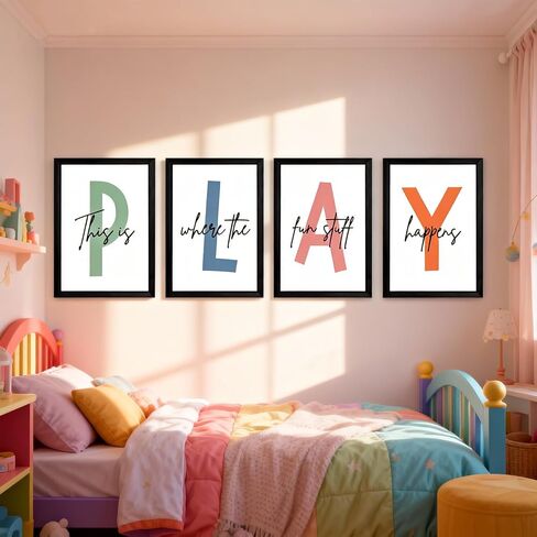Cute Alphabet Play Framed Wall Art Set of 4, Natural Educational Alphabet Wooden Sign for Baby Girl Kid Boy Toddlers, Black Boho Preschool English Letters Nursery Decor for Homeschool Playroom in Saudi Arabia