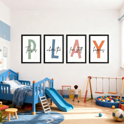 Cute Alphabet Play Framed Wall Art Set of 4, Natural Educational Alphabet Wooden Sign for Baby Girl Kid Boy Toddlers, Black Boho Preschool English Letters Nursery Decor for Homeschool Playroom in Saudi Arabia