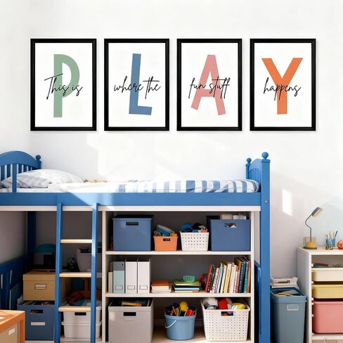 Cute Alphabet Play Framed Wall Art Set of 4, Natural Educational Alphabet Wooden Sign for Baby Girl Kid Boy Toddlers, Black Boho Preschool English Letters Nursery Decor for Homeschool Playroom in Saudi Arabia