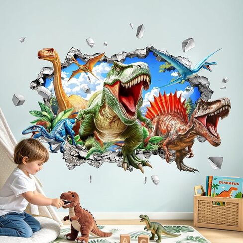 ثلاثية الأبعاد ديناصور صور مطبوعة للحوائط كبيرة T-Rex دينو اختراق ملصقات جدار للبنين أطفال غرفة نوم الطفل الحضانة غرفة اللعب الفصول الدراسية ديكور in Kuwait