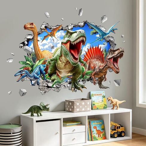 ثلاثية الأبعاد ديناصور صور مطبوعة للحوائط كبيرة T-Rex دينو اختراق ملصقات جدار للبنين أطفال غرفة نوم الطفل الحضانة غرفة اللعب الفصول الدراسية ديكور in Kuwait