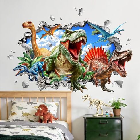 ثلاثية الأبعاد ديناصور صور مطبوعة للحوائط كبيرة T-Rex دينو اختراق ملصقات جدار للبنين أطفال غرفة نوم الطفل الحضانة غرفة اللعب الفصول الدراسية ديكور in Kuwait