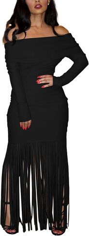 SEMATOMALA Women's Off Shoulder Bodycon Fringe Long Dress Long Sleeve Stretchy Cocktail Party Maxi Dresses in Kuwait
